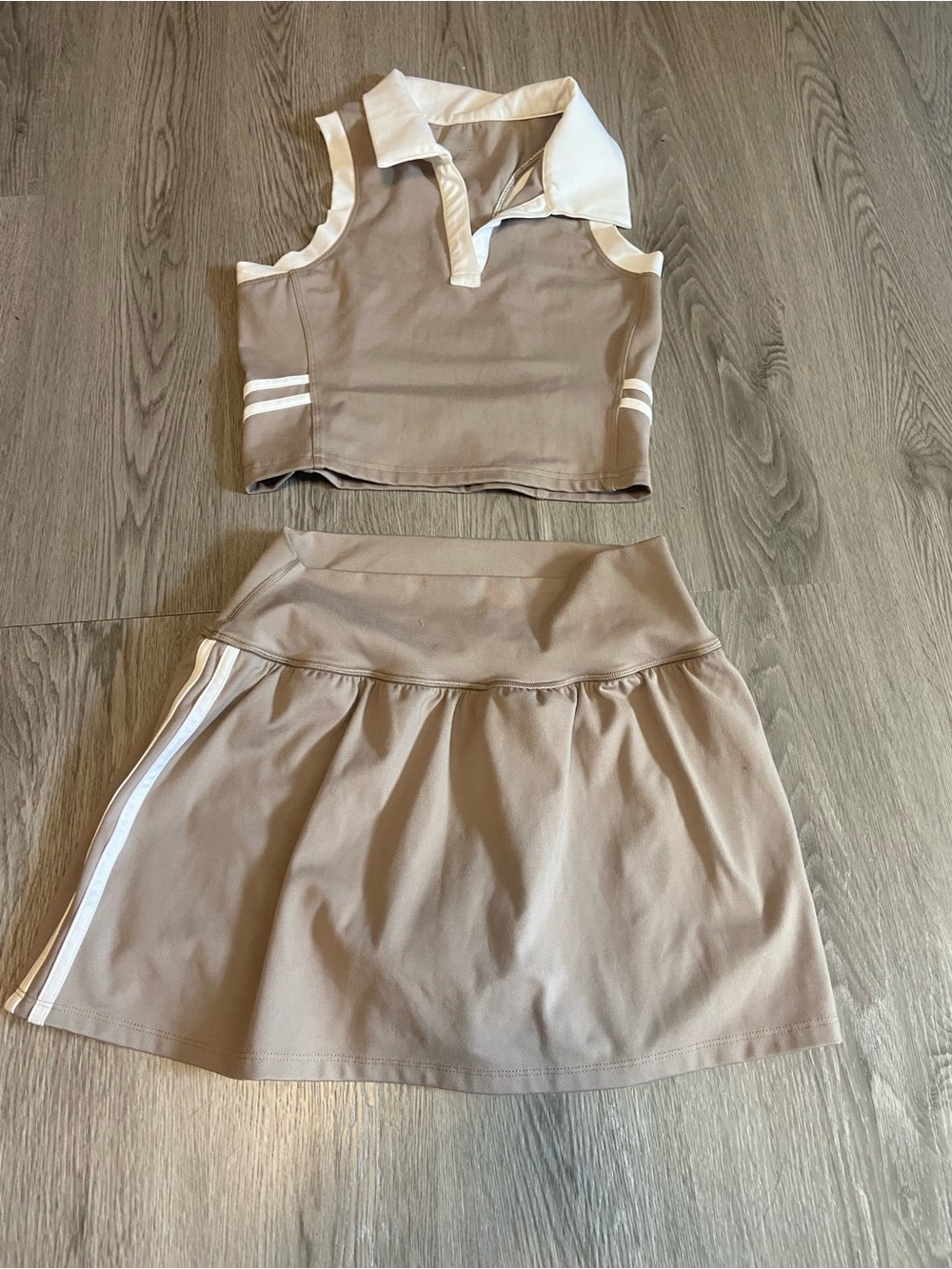 Two-Piece Beige Athletic A-Line Skort And Tank Set with White Stripe